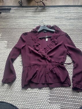 Madewell Silk Ruffled Wrap Peplum Blouse - Burgundy